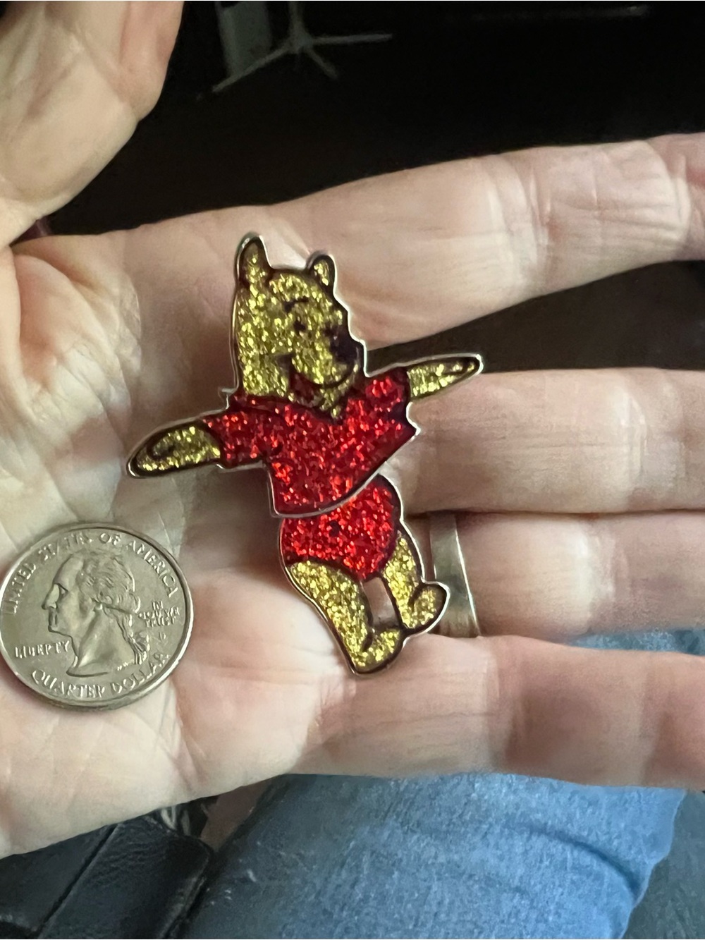 Glitter Winnie Bear Red & Gold Enamel Pin -